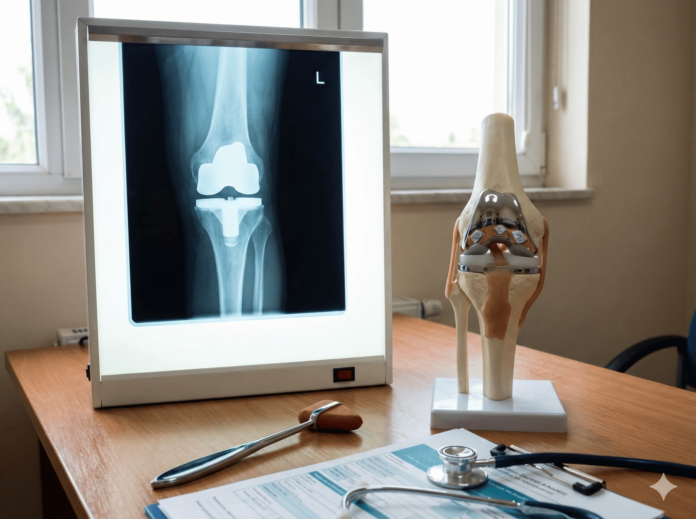 Radiografía y modelo anatómico de rodilla con prótesis